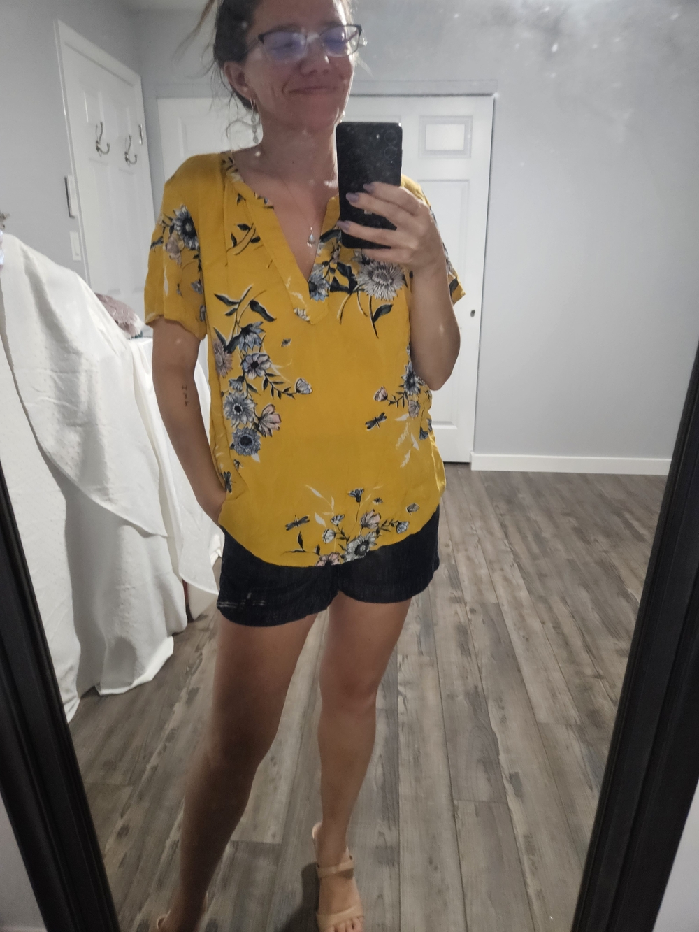 Old Navy Yellow Floral V-Neck Blouse